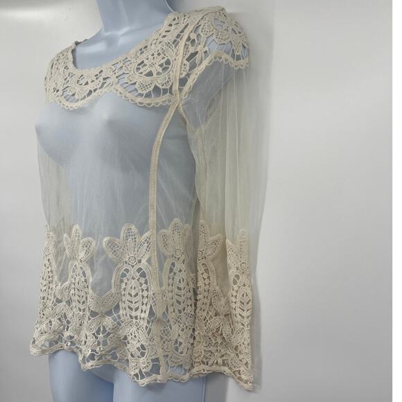Express Crochet Micro Mesh Womens Top Sz XS Cream Festival Dainty Boho Cottage - Picture 5 of 11